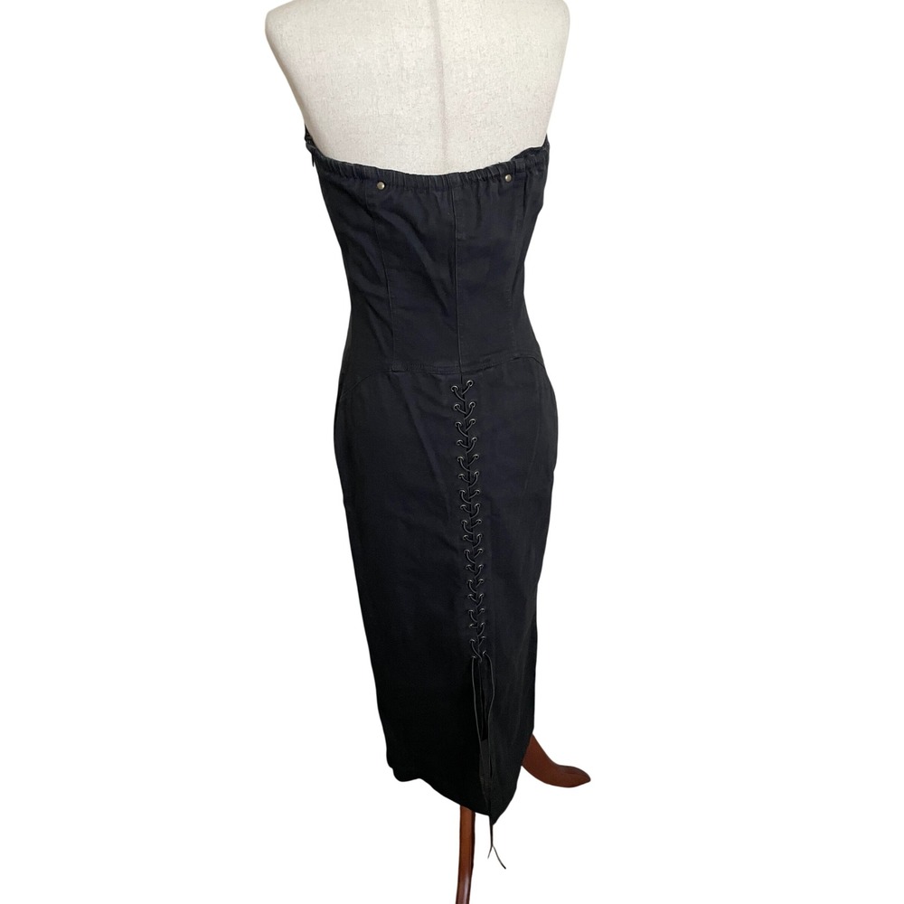 VTG Goth Black Strapless Lace Up Corset Back Maxi Dress 8 Utility 90s Grunge